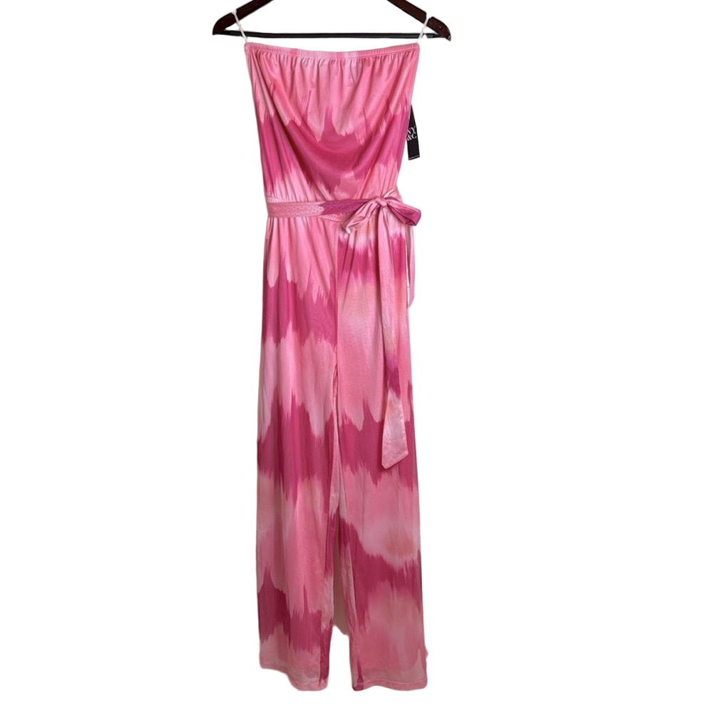 New York & Co Sweet Pea Pink Tie Dye Strapless Boho Wide Leg Jumpsuit XS New - Picture 6 of 17